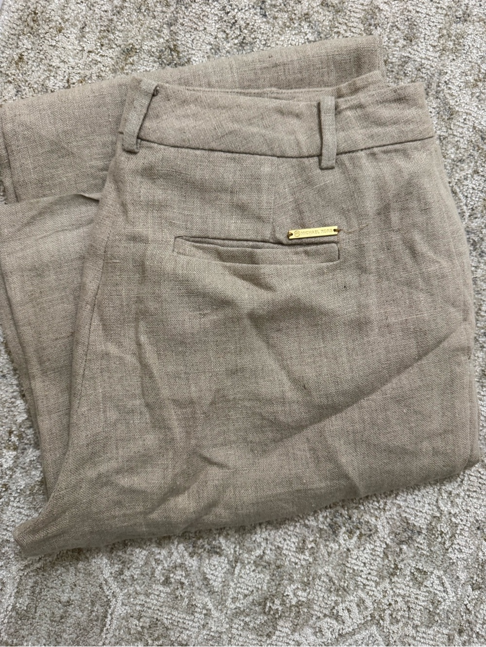 Michael Kors Neutral Taupe Linen-Blend Trousers with Gold Accent
